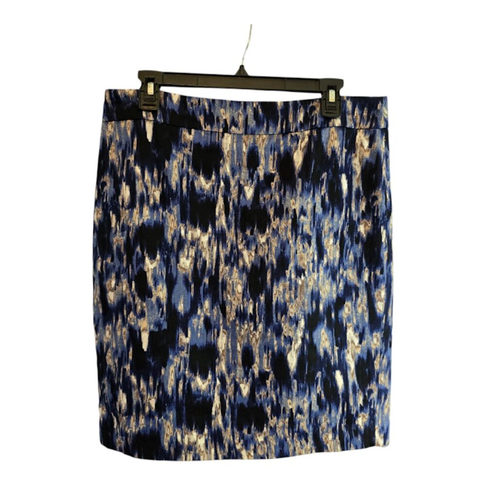 ANN TAYLOR PETITE SIZE 10P PENCIL SKIRT BLUE IVORY TAN PATTERN 100% COTTON